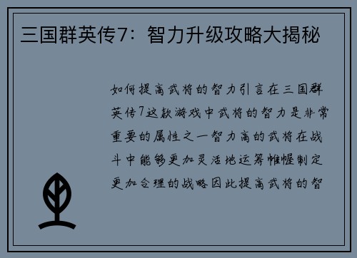 三国群英传7：智力升级攻略大揭秘